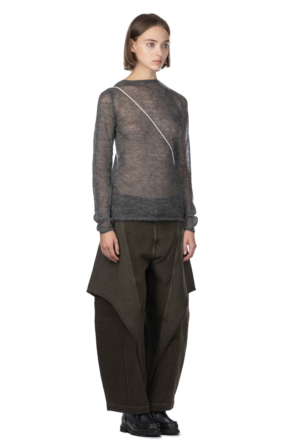 AURALEE - KID MOHAIR SHEER KNIT BOAT NECK-Top Charcoal