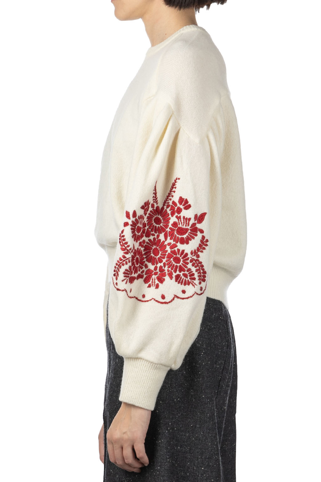 Kapital - 7G Wool BOUFFANT Sleeve Sweater (LATVIA Embroidery) - Natural