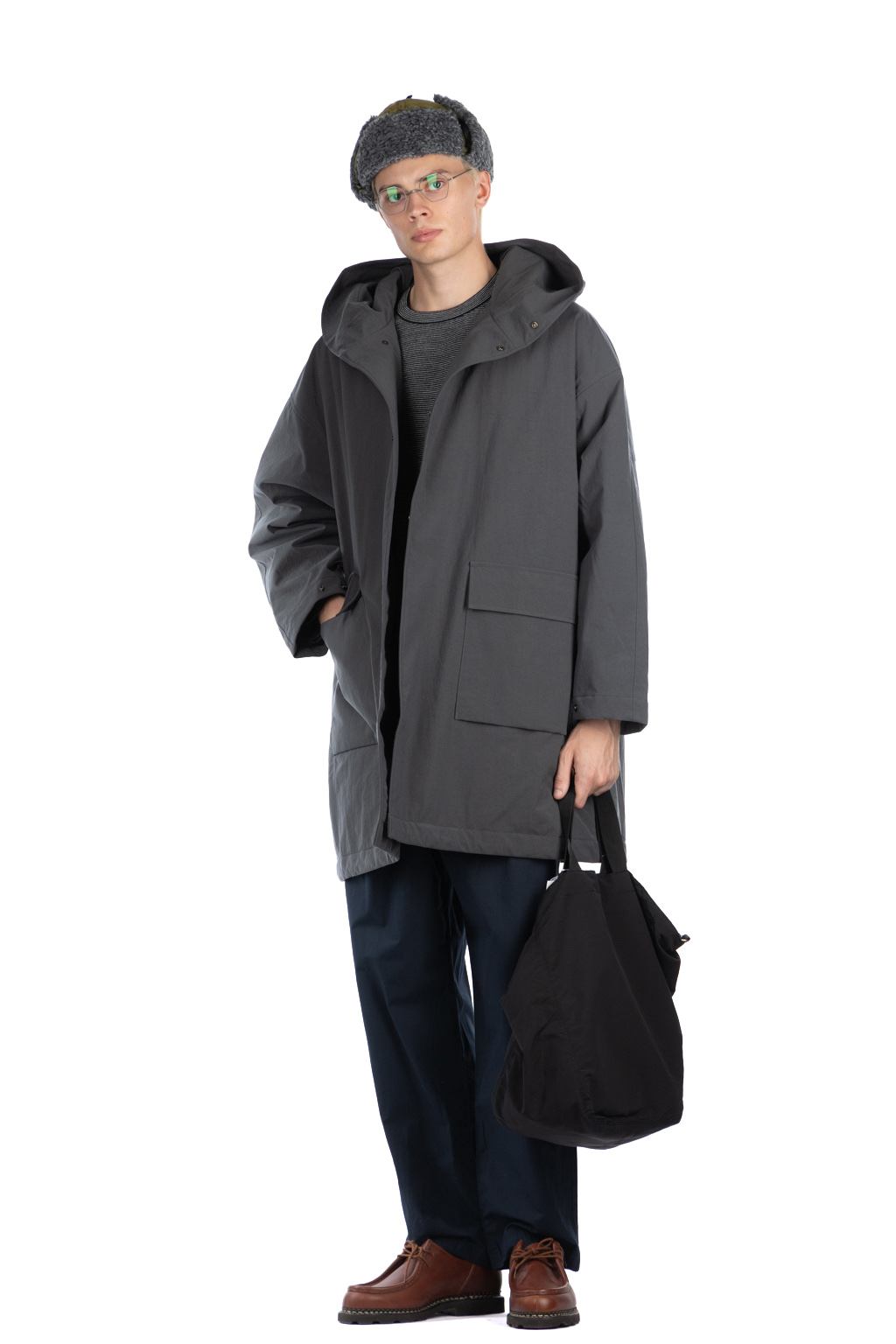 Still by hand - Nylon ox hooded coat-Slate Grey