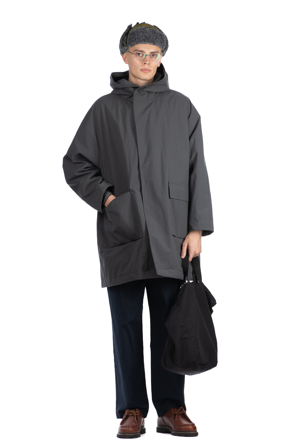 Still by hand - Nylon ox hooded coat-Slate Grey