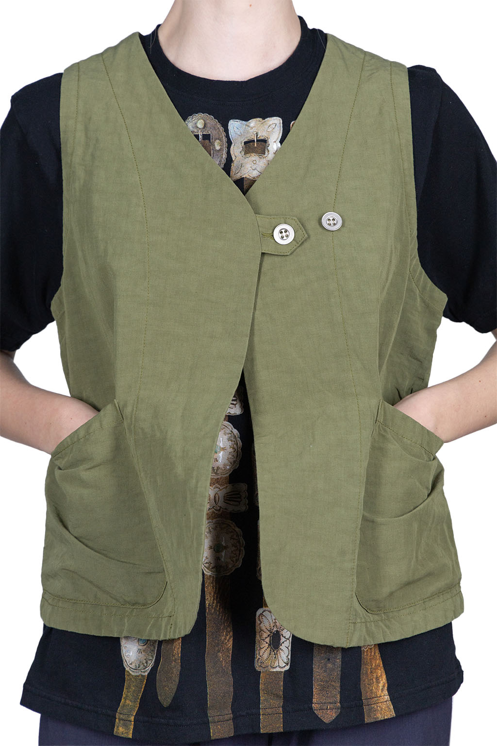 Tigre Brocante Cotton Linen Big Pocket Vest - Olive